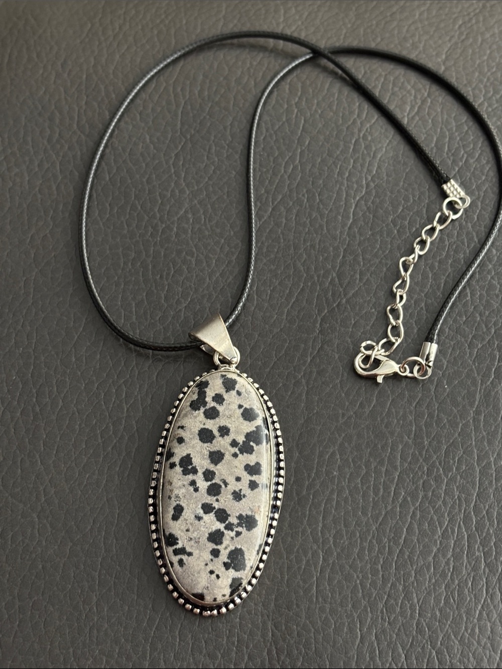Dalmatian Jasper Oval Pendant Necklace in Black and Gray